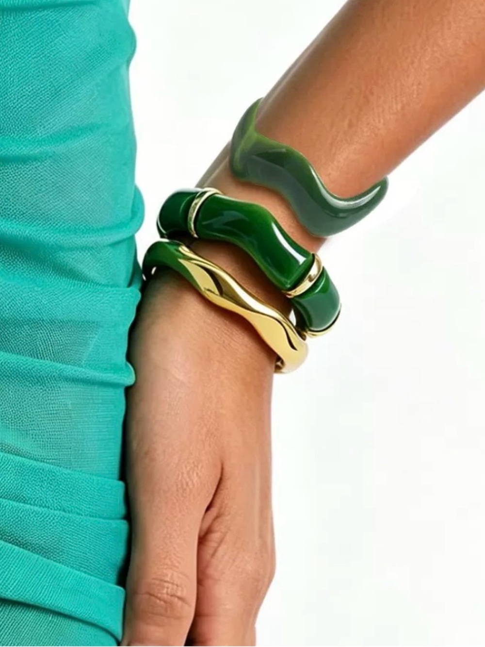 Green and Gold Wave Stackable Resin Bangle Bracelet Set - Women Jewelry